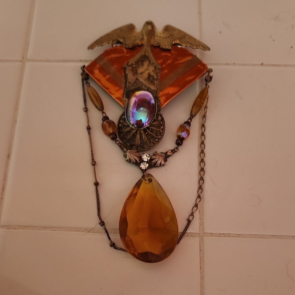 Gold and Orange Art Nouveau Brooch Vintage